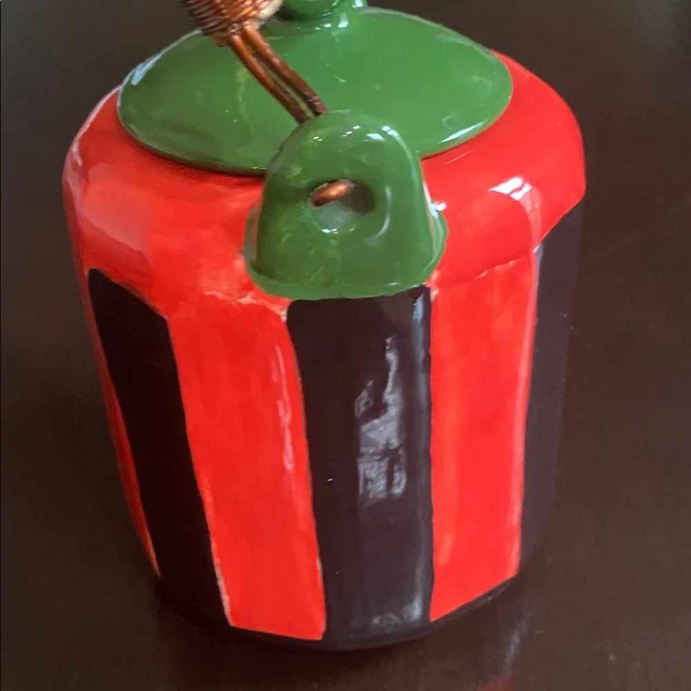 Whimsical Red and Green Ceramic Handpainted Teapot with Bamboo Handle.